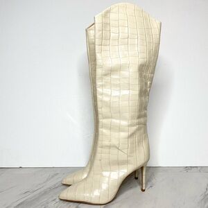 Schutz Maryana Eggshell Crocodile Embossed Leather Tall Heeled Boot 6B